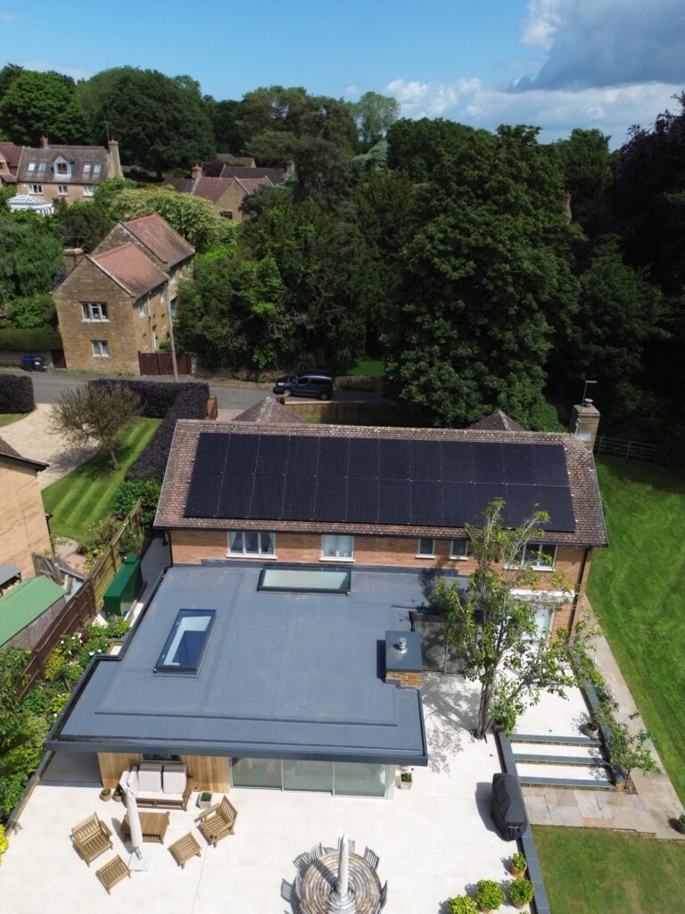 Drone shot of a roof solar panel installation in a family home in Northamptonshire