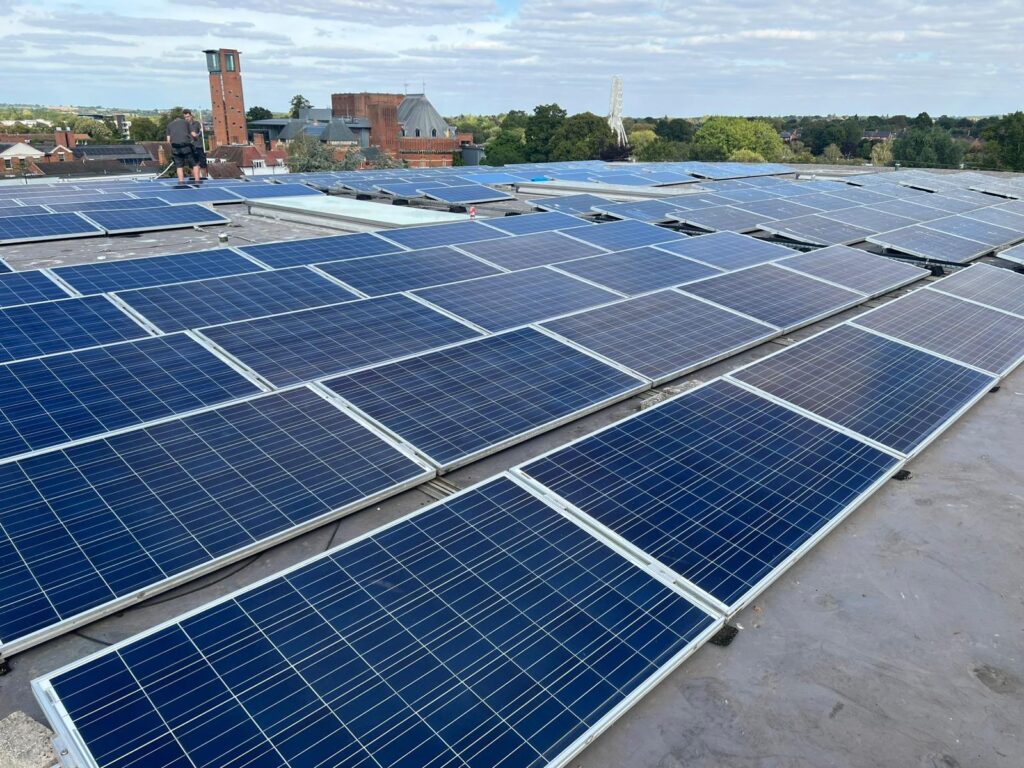 Commercial solar PV system on a roof in Stratford-upon-Avon