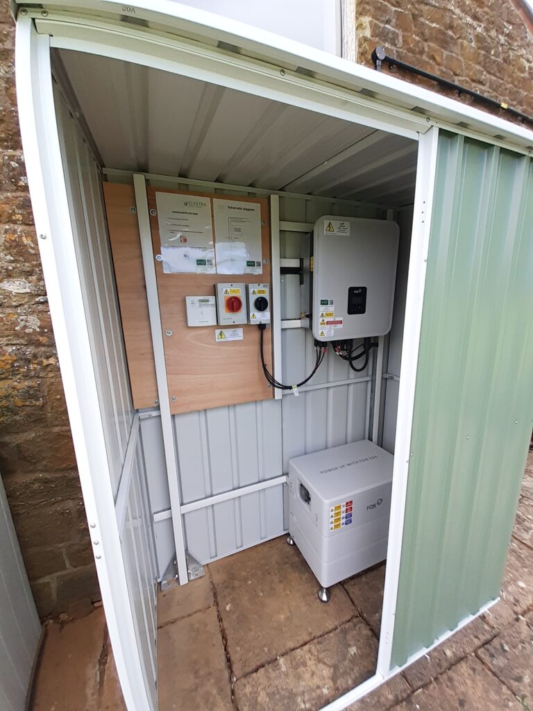 Fox solar battery installation in a shed