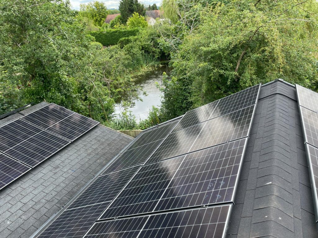 Drone shot of solar panels on the roof of an outbuilding in Warwickshire